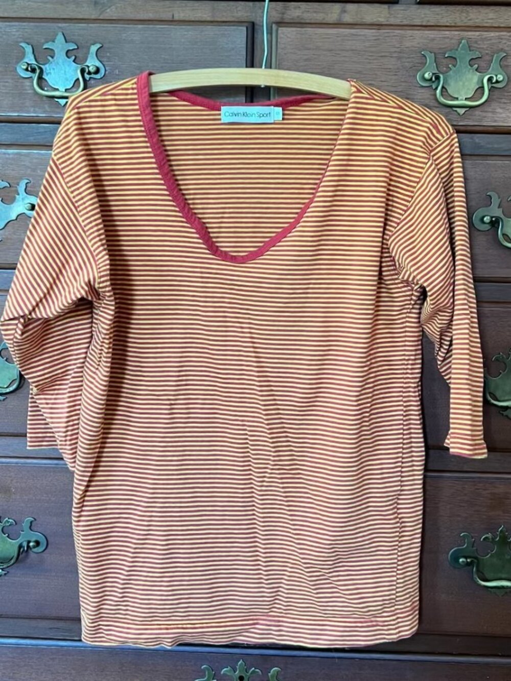 Vintage Calvin Klein Sport Striped V-Neck 3/4 Sleeve Top, size S